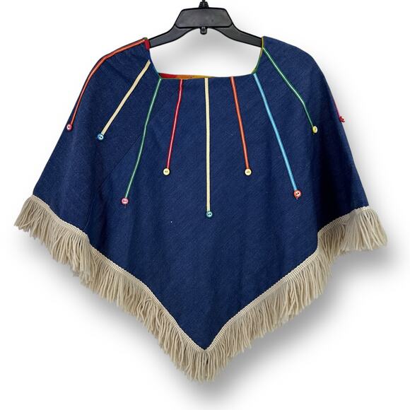 Vintage 70s Three Squares Fringe Button Rainbow Lined Denim Jean Poncho - Picture 1 of 8